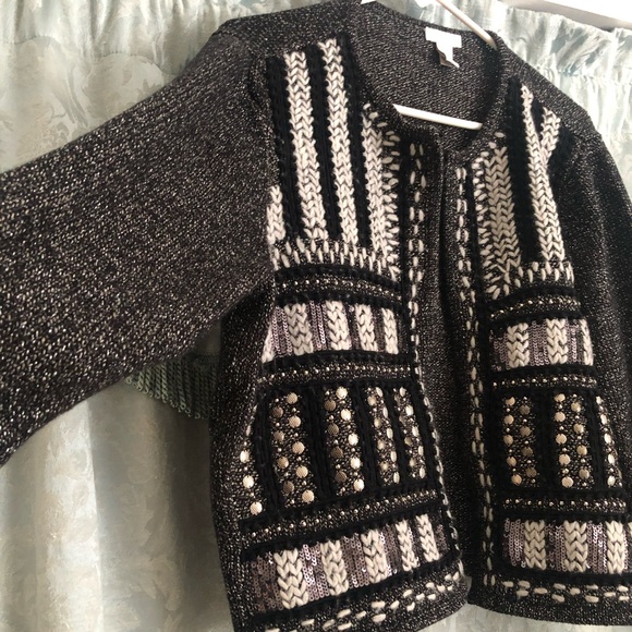 Chico’s Cropped Black and White Sweater Jacket Sz. 3 - Picture 5 of 10